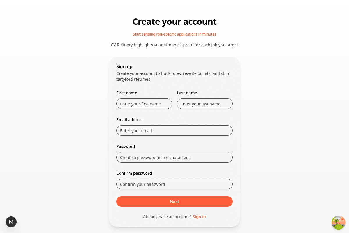 Sign up screen
