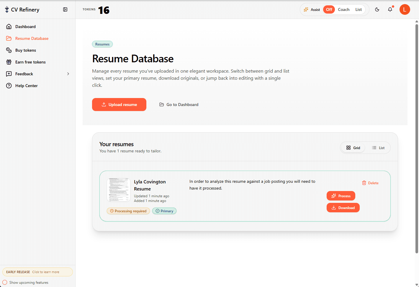 Resume database interface