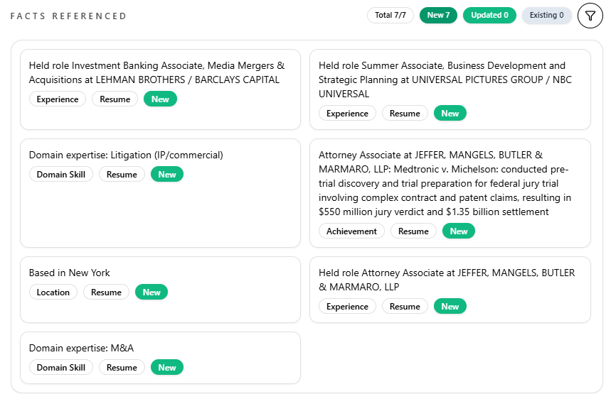 Facts database showing reusable career accomplishments