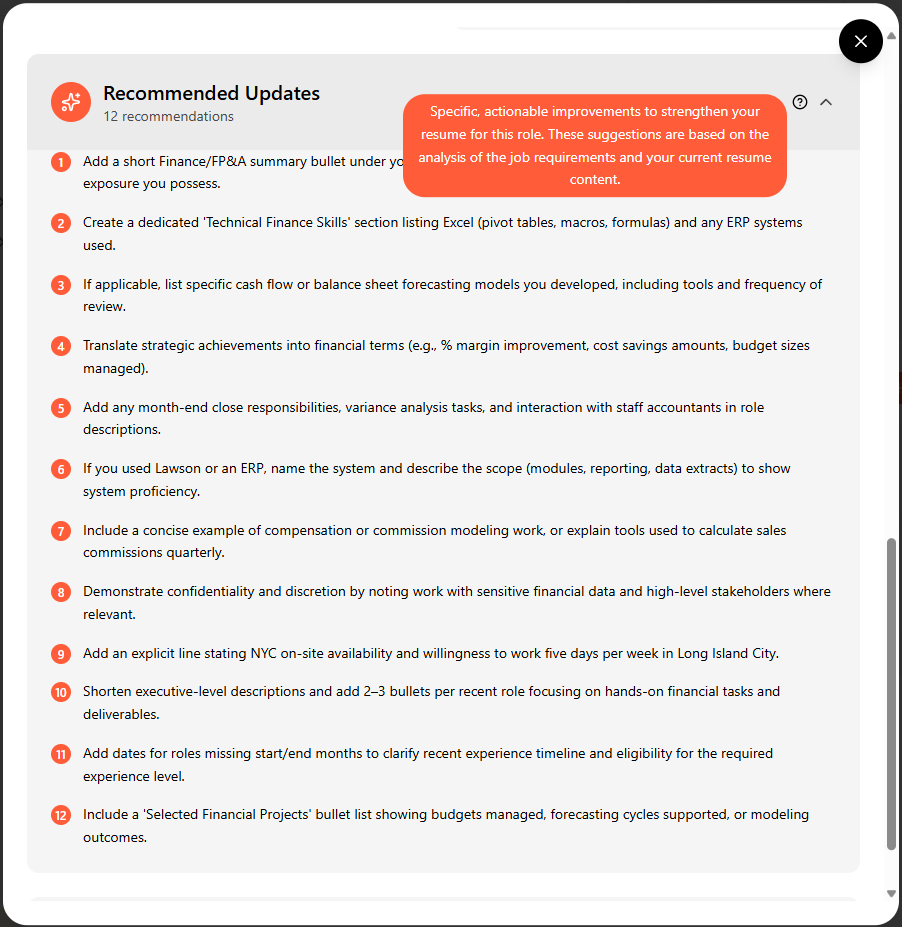 Detailed recommendations for resume improvements