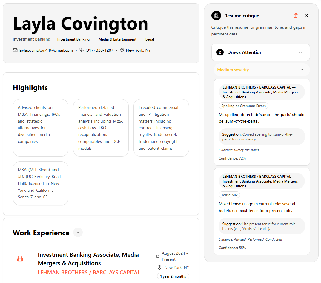 AI-powered resume critique showing instant feedback